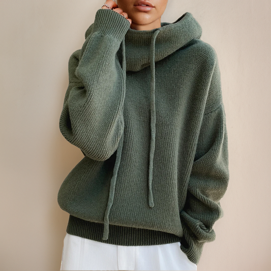 Hanorac oversize pentru femei | Pulover cu glugă tricotat | Guler înalt | Stil confortabil pentru zi cu zi