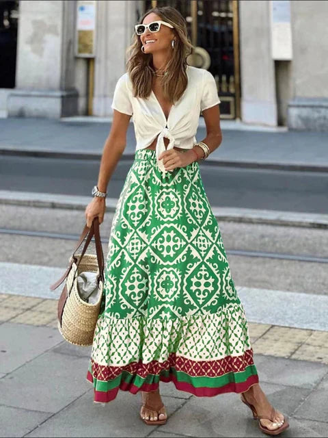 Damen Gemusterter Maxi Rock | Bordüren Saum