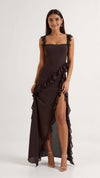 Maxikleid mit Rüschenträgern und asymmetrischer Wasserfallrüsche 0