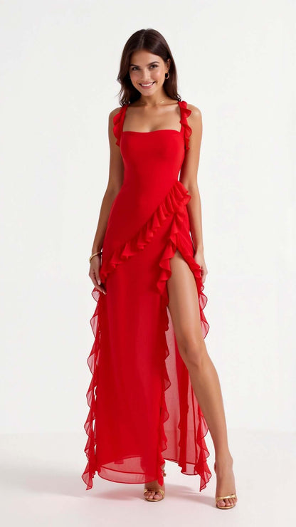 Maxikleid mit Rüschenträgern und asymmetrischer Wasserfallrüsche 6