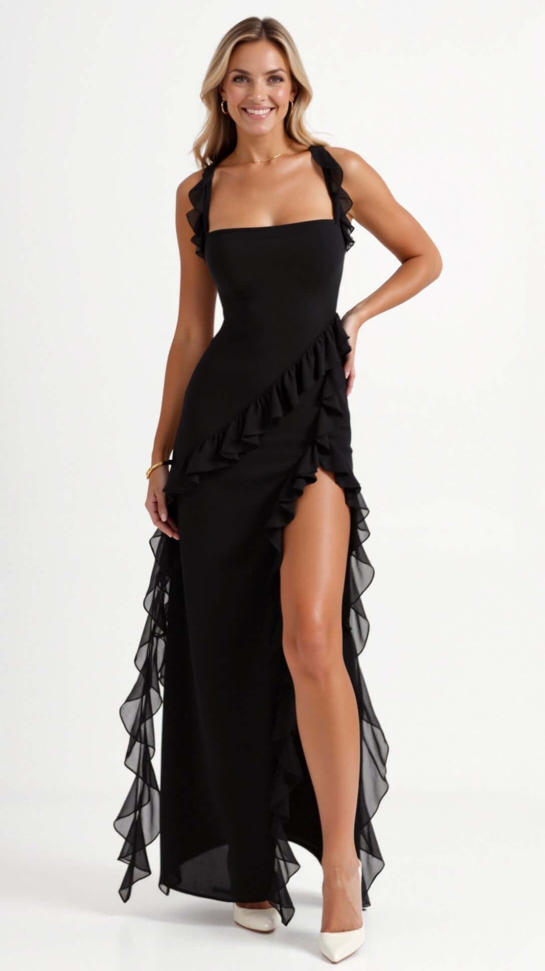 Maxikleid mit Rüschenträgern und asymmetrischer Wasserfallrüsche 9