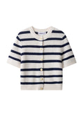 Damen Kurzarm Rundhals Knopf Strickjacke | Gestreift
