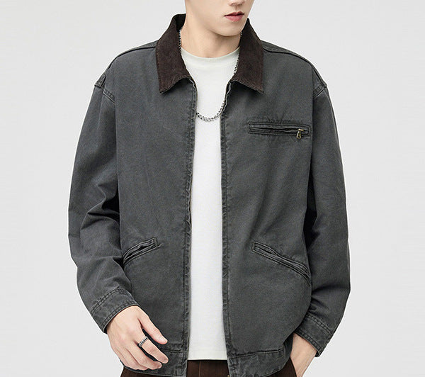 Herren Langarm Kragen Reißverschluss Taschen Jacke | Streetwear