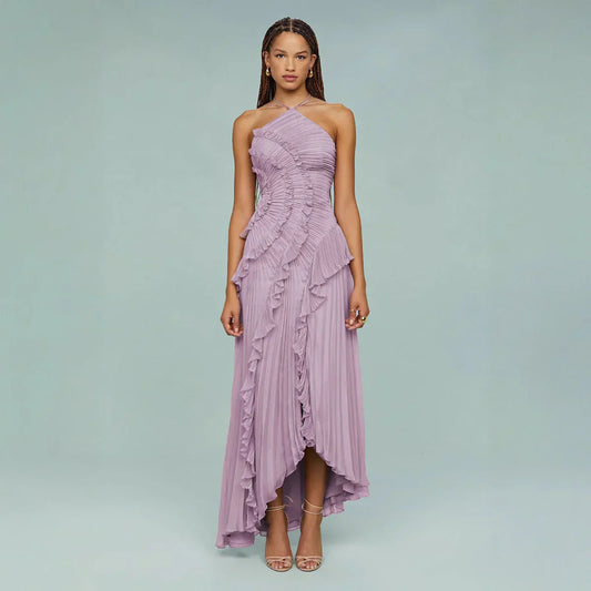 Damen Halterneck Maxikleid mit Falten Rüschen asymmetrischem Schnitt | Maxi