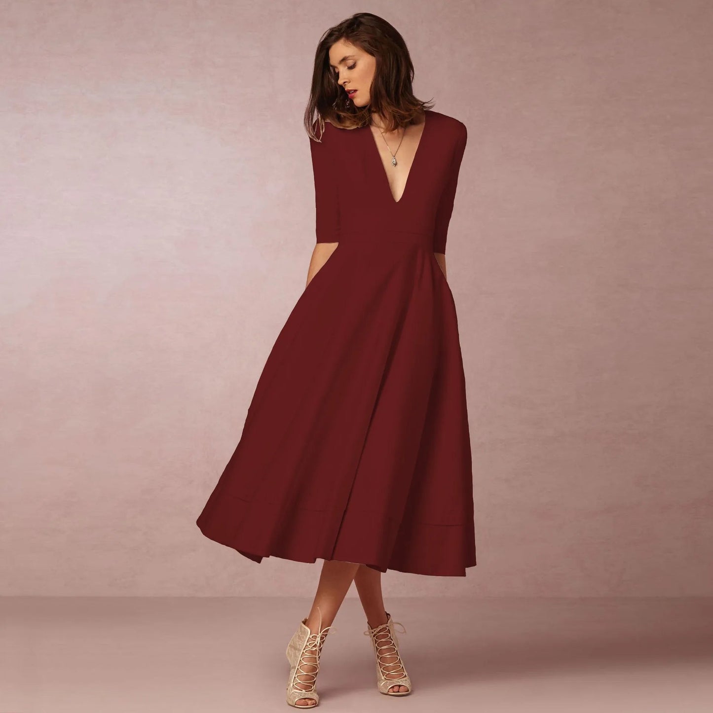 Roryna | Damen Hochzeitsgast Kleid mit V-Ausschnitt und Kurzen Ärmeln | Midi 3