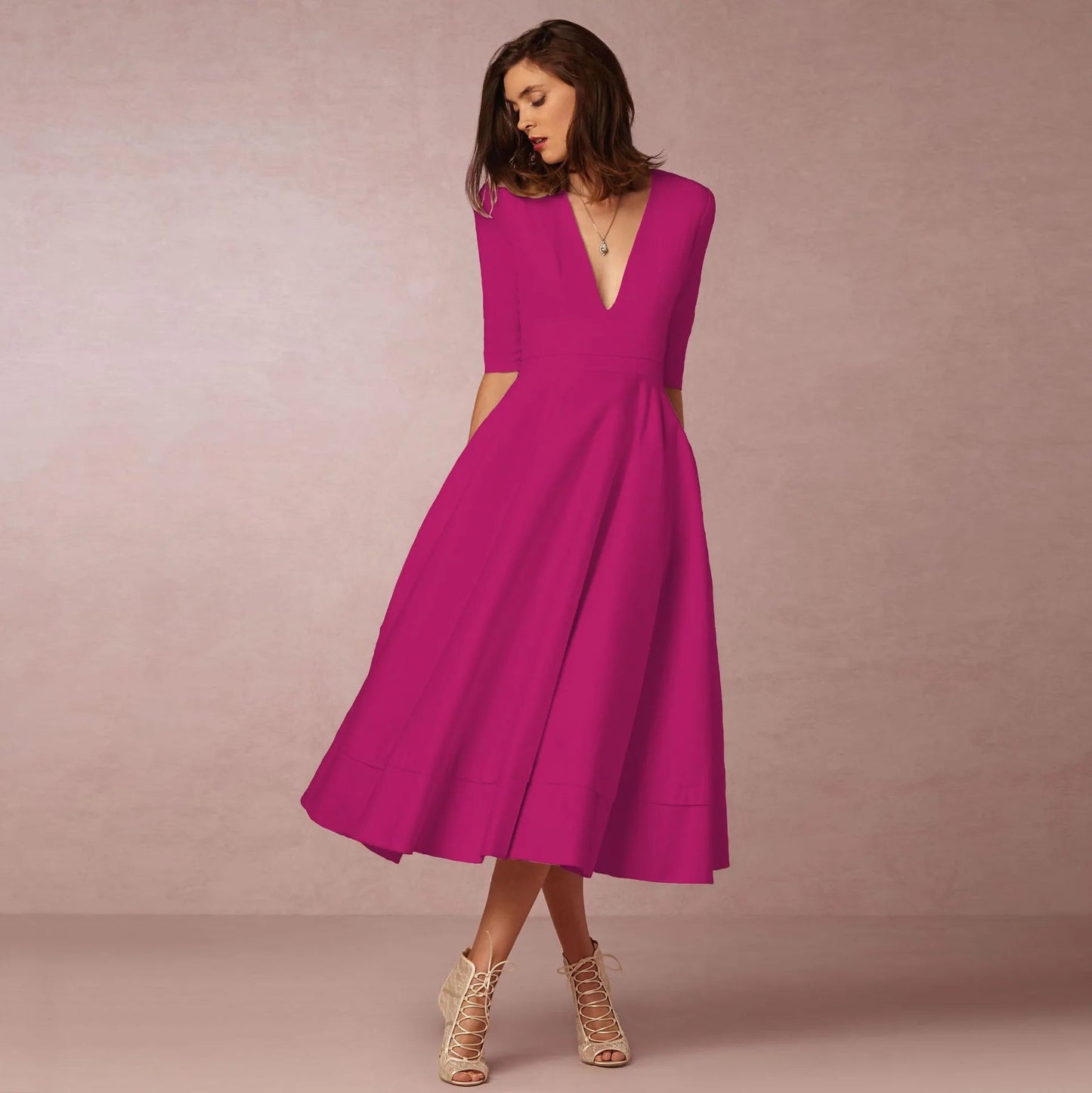 Roryna | Damen Hochzeitsgast Kleid mit V-Ausschnitt und Kurzen Ärmeln | Midi 4