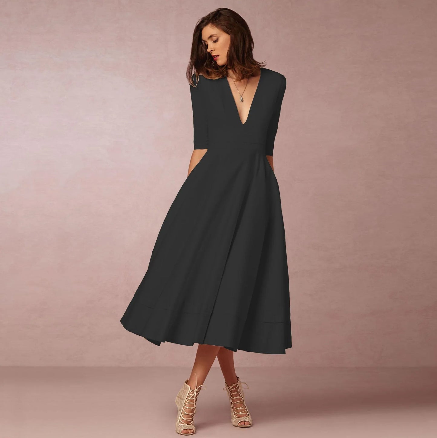Roryna | Damen Hochzeitsgast Kleid mit V-Ausschnitt und Kurzen Ärmeln | Midi 5