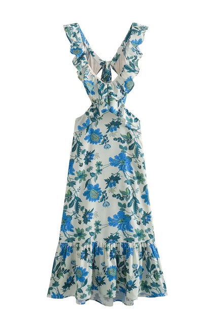 Damen Maxikleid | Florales Design und Rüschenträger | Eleganter Sommerstil