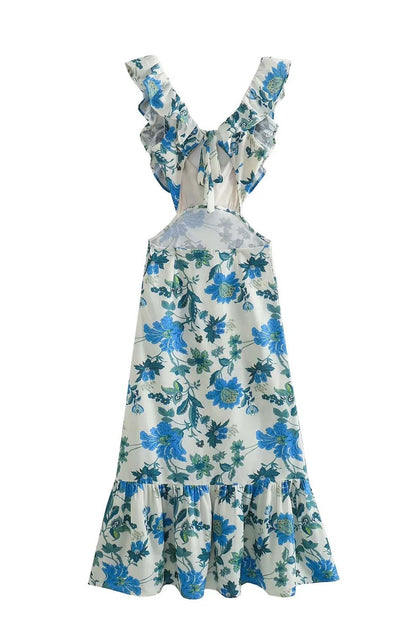 Damen Maxikleid | Florales Design und Rüschenträger | Eleganter Sommerstil