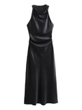 Damen Kleid Ärmellos Rundhals Geraffte Taille Kleid | Midi
