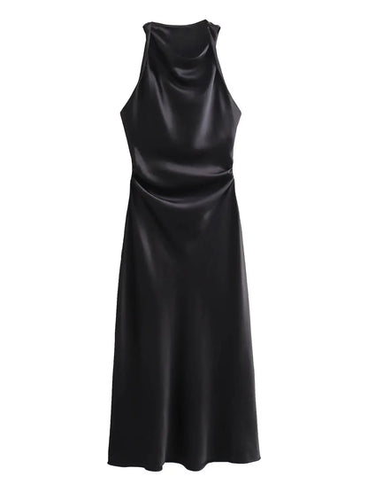 Damen Kleid Ärmellos Rundhals Geraffte Taille Kleid | Midi