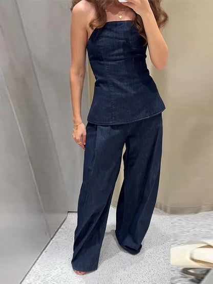 Dámská dvoudílná souprava | Regular fit | Bandeau peplum top a široké kalhoty | Moderní minimalistický styl