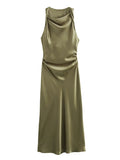 Damen Kleid Ärmellos Rundhals Geraffte Taille Kleid | Midi
