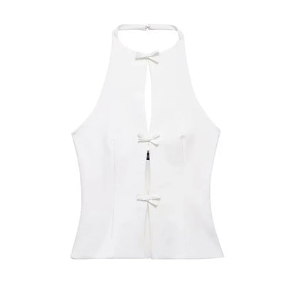 Damen zweiteiliges Set mit ärmellosem Neckholder Top mit Bindung vorne und Minirock | Rückenfreies Design