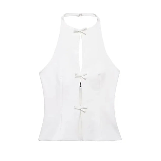 Damen zweiteiliges Set mit ärmellosem Neckholder Top mit Bindung vorne und Minirock | Rückenfreies Design