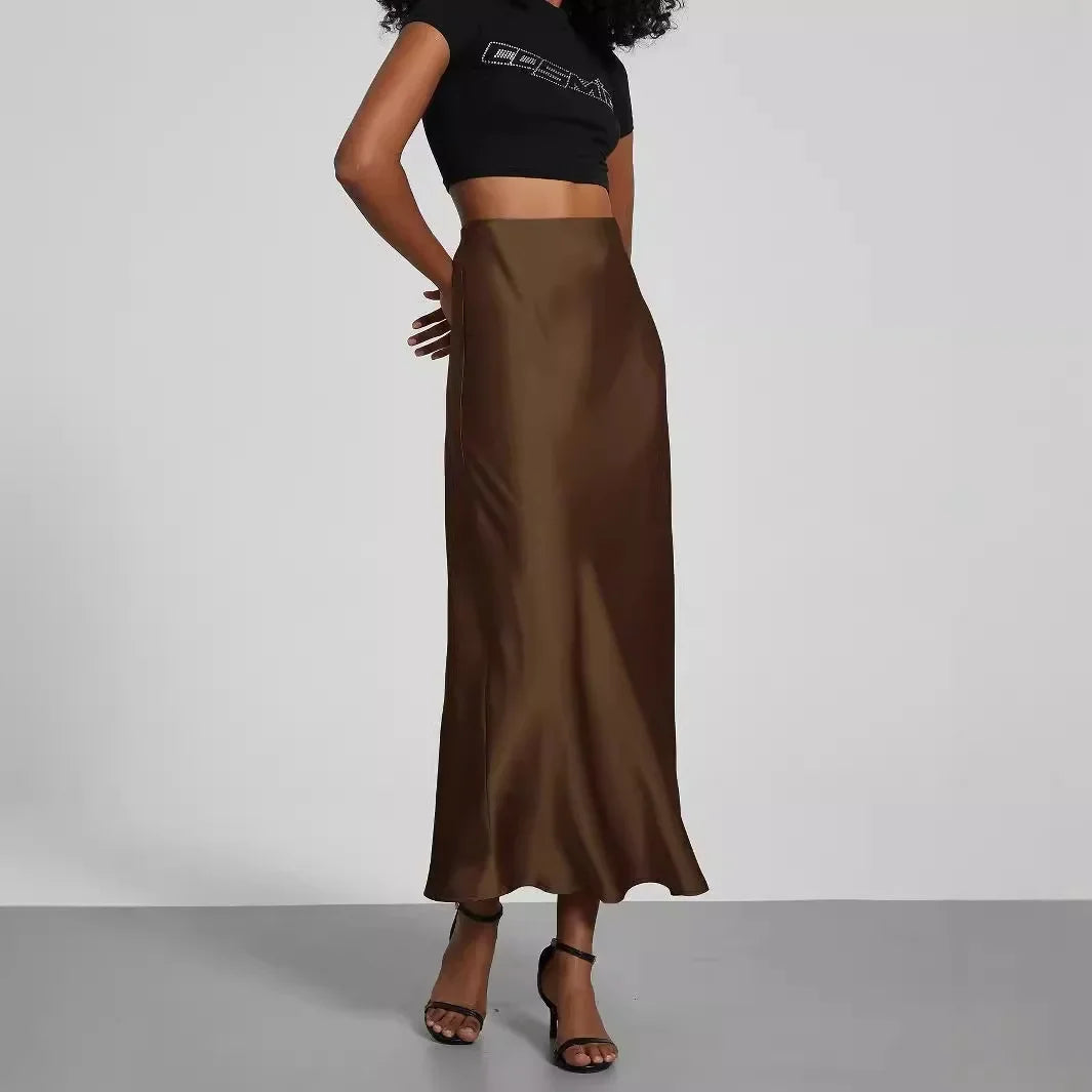 Damen High Waist Satinlook Rock Mit Schrägschnitt Ausgestellter Passform | Midi