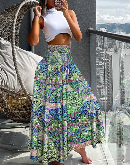Damen Hohe Taille Maxi Rock | Tropisches Muster
