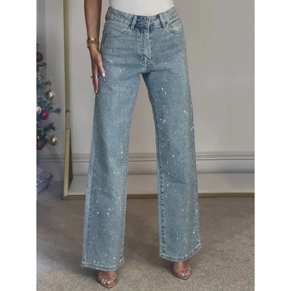 Damen High Waist Hose mit weitem Bein und Strassdetails | Ausgestellte Passform
