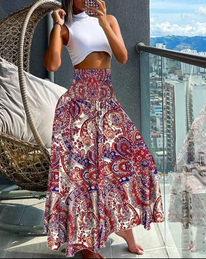 Damen Hohe Taille Maxi Rock | Tropisches Muster