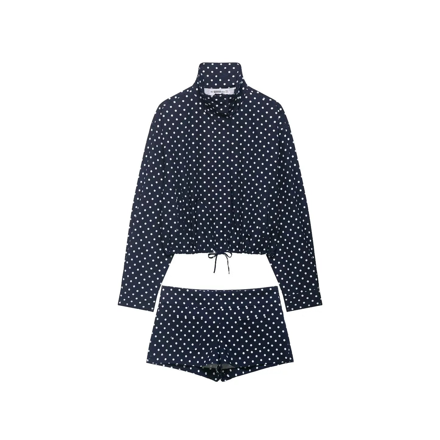 Damen zweiteiliges Set mit langärmligem Oberteil mit Polka Dots und Shorts | Hoher Kragen