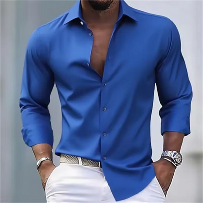 Herren Slim Fit Langarm Hemd mit Knopfleiste einfEarbig | Formal