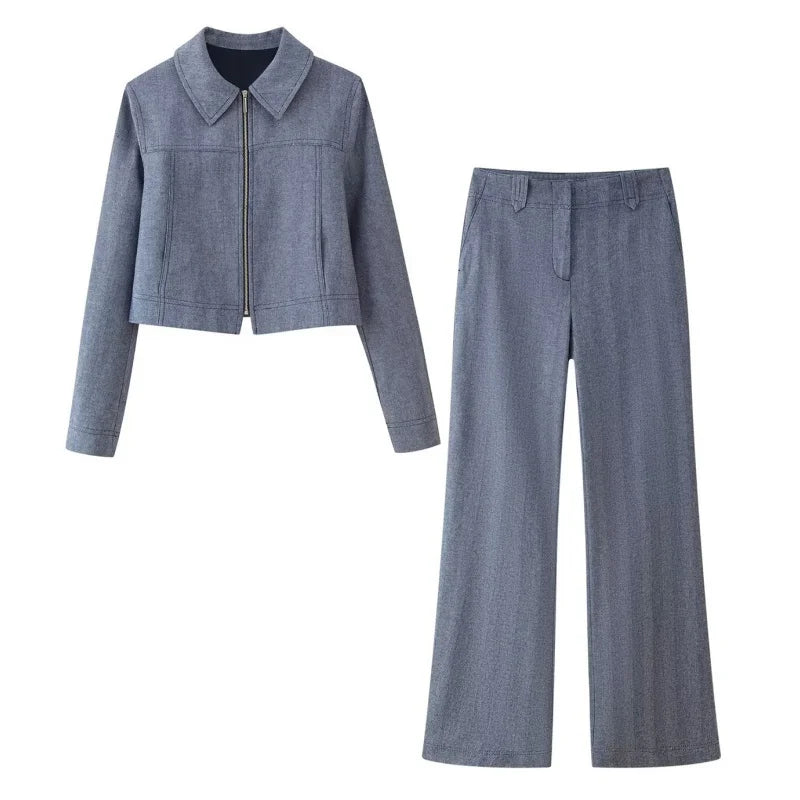 Dámská souprava kalhot | Dvoudílný outfit s bundou na zip | Vysoký pas a široké nohavice | Elegantní volnočasový vzhled