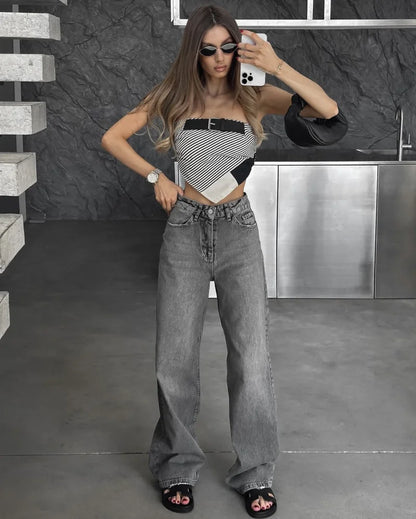 Damen High Waist Freizeithose mit weitem Bein | Gerade Passform