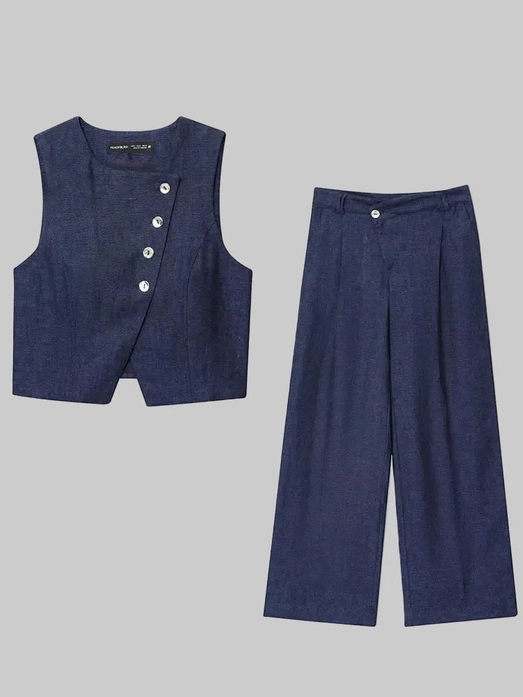 Set di pantaloni da donna | Completo due pezzi con gilet con bottoni | Gamba larga | Look elegante casual
