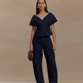 Damen Zweiteiler | Schulterfreies Peplum-Top und Hose mit Geradem Bein | Eleganter Moderner Stil