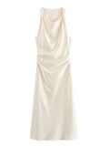 Damen Kleid Ärmellos Rundhals Geraffte Taille Kleid | Midi