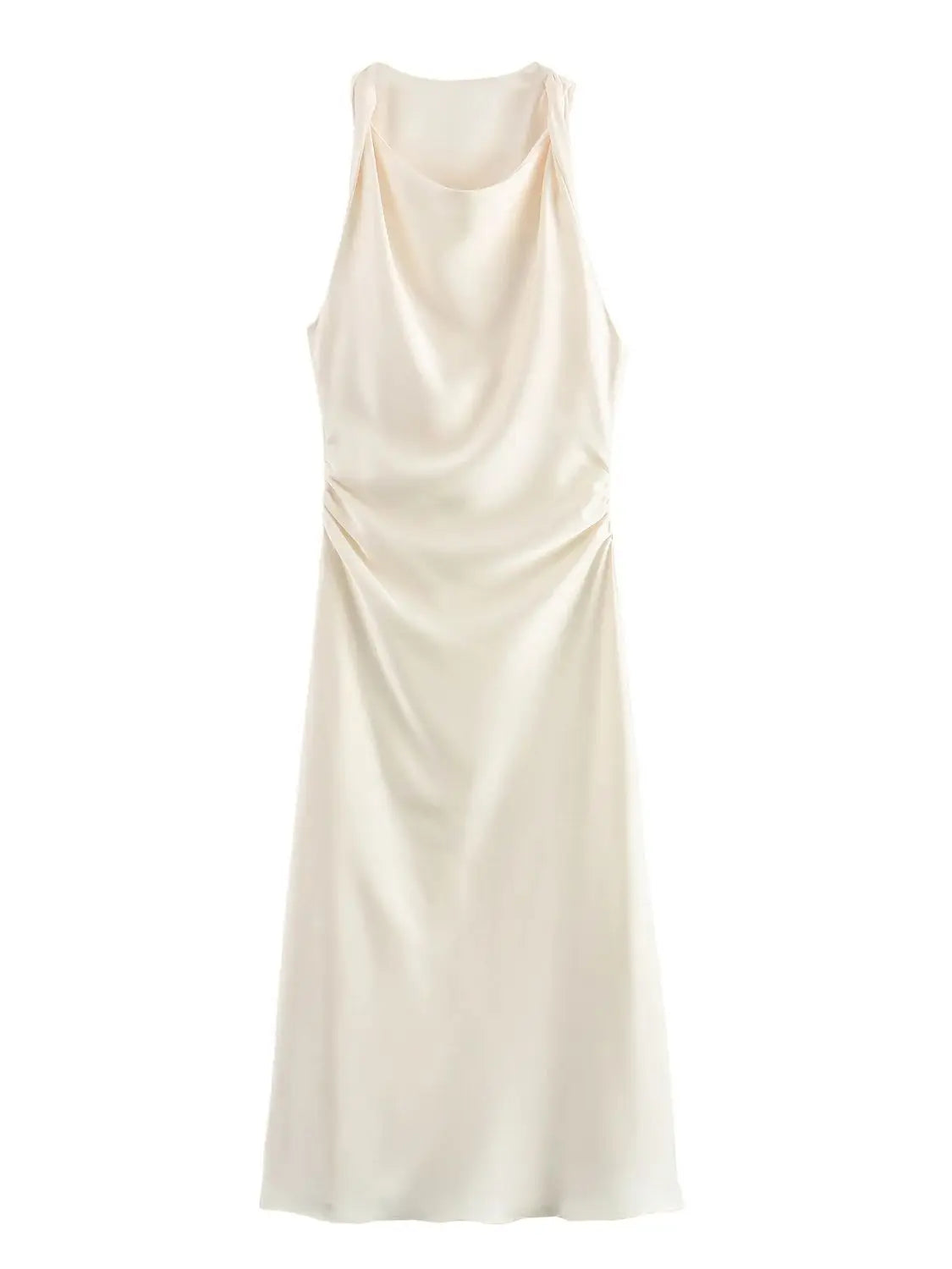 Damen Kleid Ärmellos Rundhals Geraffte Taille Kleid | Midi