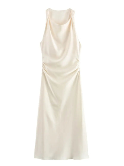 Damen Kleid Ärmellos Rundhals Geraffte Taille Kleid | Midi