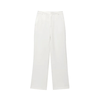 Damen zweiteiliges Set mit Oberteil mit Kragen und Reißverschluss vorne und Hose mit weitem Bein | Minimal Style
