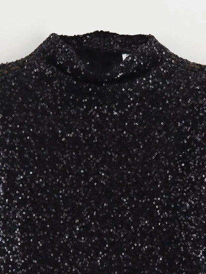 Damen Kleid Kappenärmel Hoher Kragen Pailletten Kleid | Mini