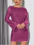 Damen Kleid Mit Rundhalsausschnitt Ausgestellten Ärmeln Bedeckt Mit Pailletten | Mini