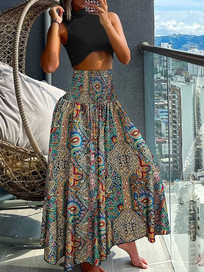 Damen Hohe Taille Maxi Rock | Tropisches Muster