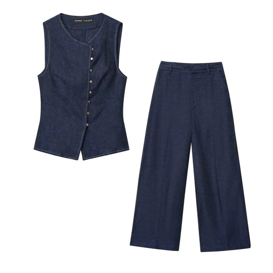 Ensemble deux pièces pour femme | Coupe régulière | Veste sans manches et pantalon large | Style moderne smart casual