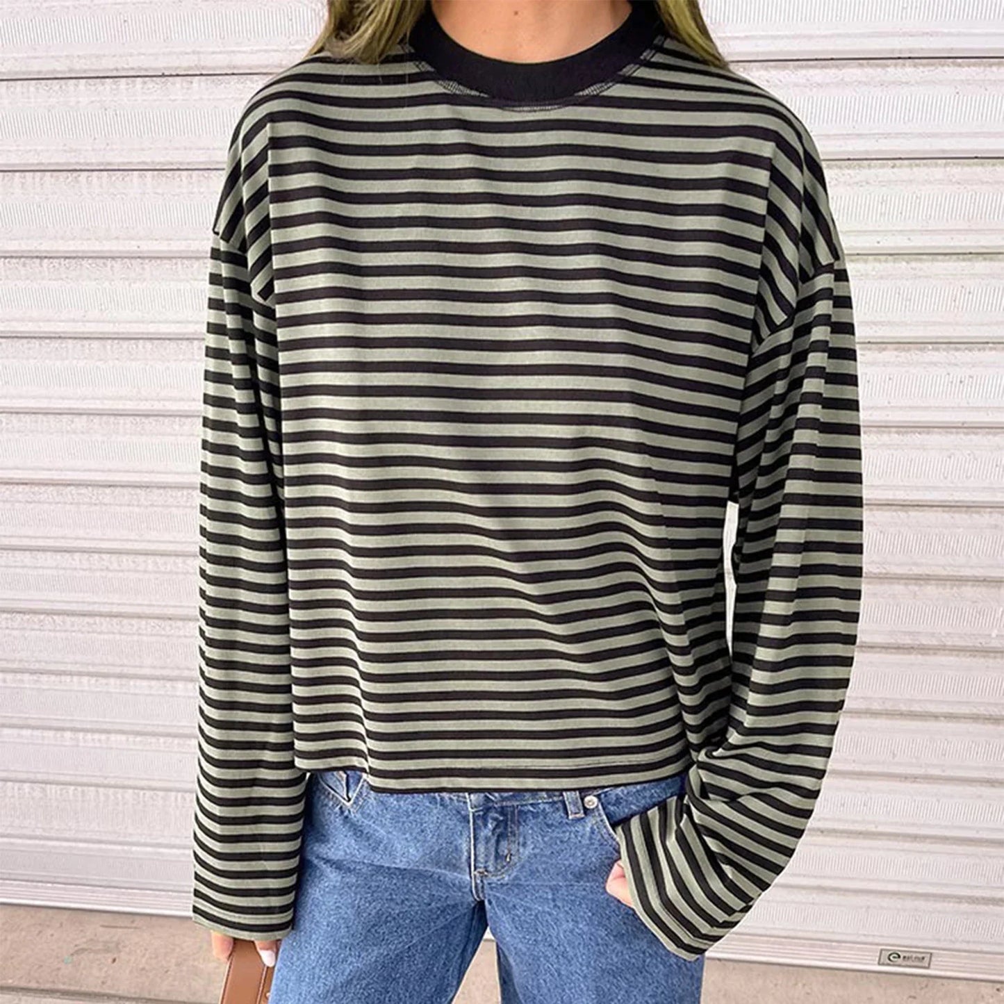 Damen Langarm Sweatshirt mit Streifen Oversize Rundhalsausschnitt | Gestreift