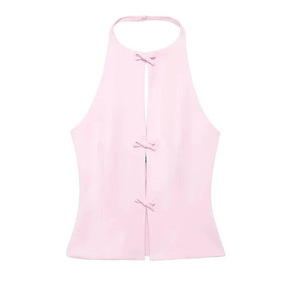 Damen zweiteiliges Set mit ärmellosem Neckholder Top mit Bindung vorne und Minirock | Rückenfreies Design