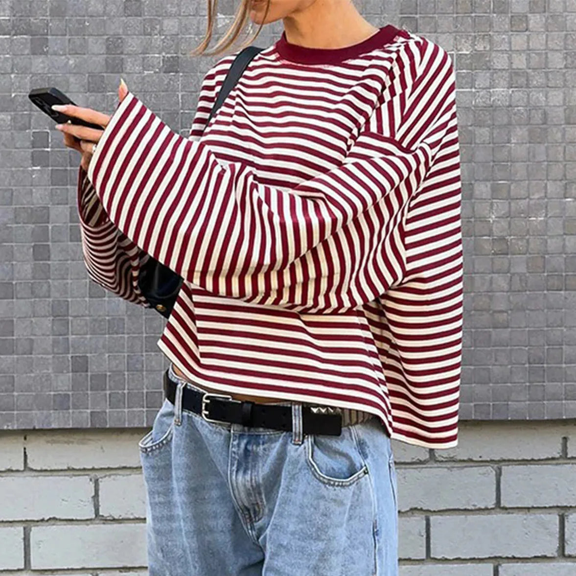 Damen Langarm Sweatshirt mit Streifen Oversize Rundhalsausschnitt | Gestreift
