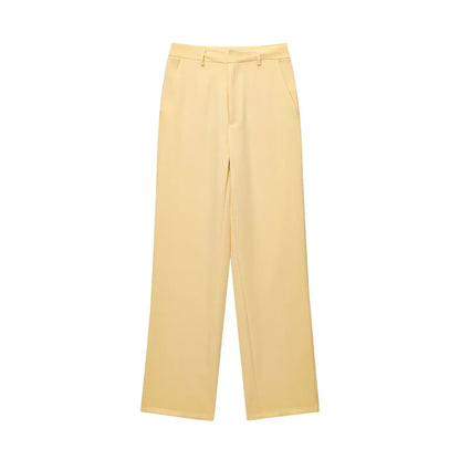 Damen zweiteiliges Set mit Oberteil mit Kragen und Reißverschluss vorne und Hose mit weitem Bein | Minimal Style