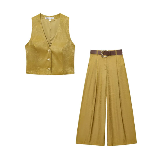 Ensemble deux pièces pour femme | Coupe régulière | Gilet à col en V et pantalon ample | Style élégant smart casual