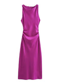 Damen Kleid Ärmellos Rundhals Geraffte Taille Kleid | Midi