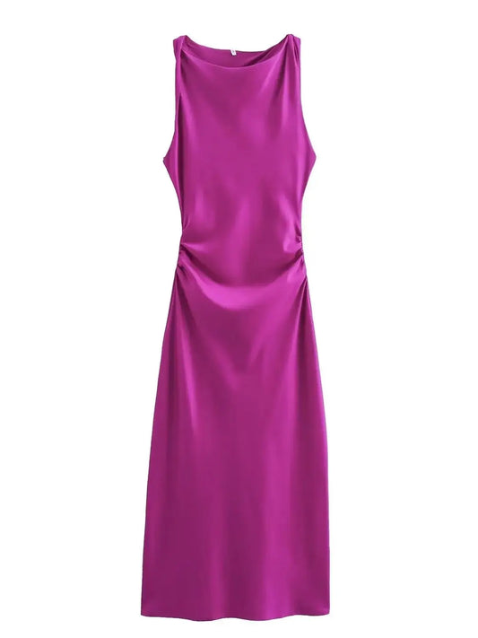 Damen Kleid Ärmellos Rundhals Geraffte Taille Kleid | Midi
