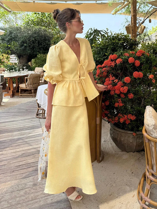 Ensemble deux pièces pour femmes | Coupe régulière | Top péplum et jupe longue | Style estival élégant