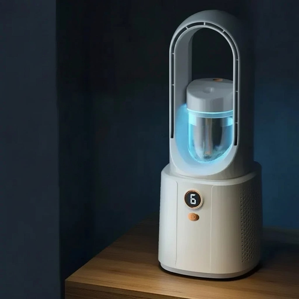 Raffreddatore d'aria USB portatile | Ventilatore da tavolo con funzione spray | Luce notturna LED | Ventilatore silenzioso per la camera da letto