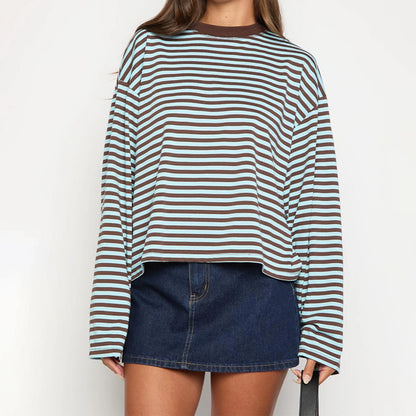 Damen Langarm Sweatshirt mit Streifen Oversize Rundhalsausschnitt | Gestreift