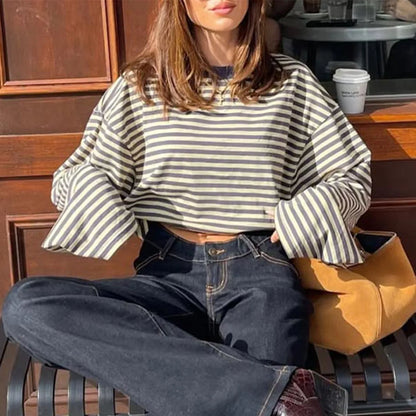 Damen Langarm Sweatshirt mit Streifen Oversize Rundhalsausschnitt | Gestreift