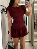 Damen Kleid Kurzarm Rundhals Rüschen Saum Kleid | Mini
