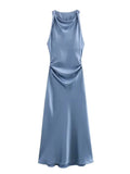 Damen Kleid Ärmellos Rundhals Geraffte Taille Kleid | Midi